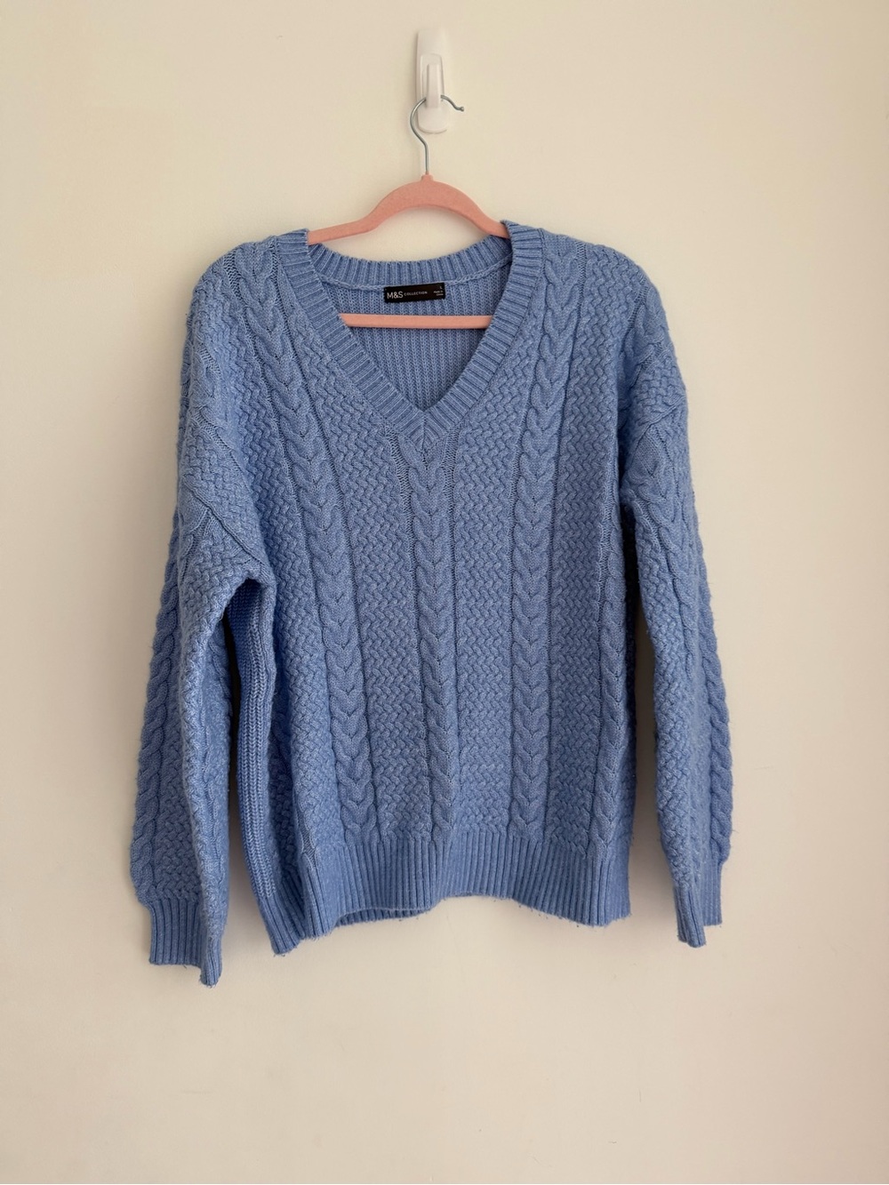 Marks & Spencer Lavender Blue Cable V-Neck Sweater - Picture 3 of 4